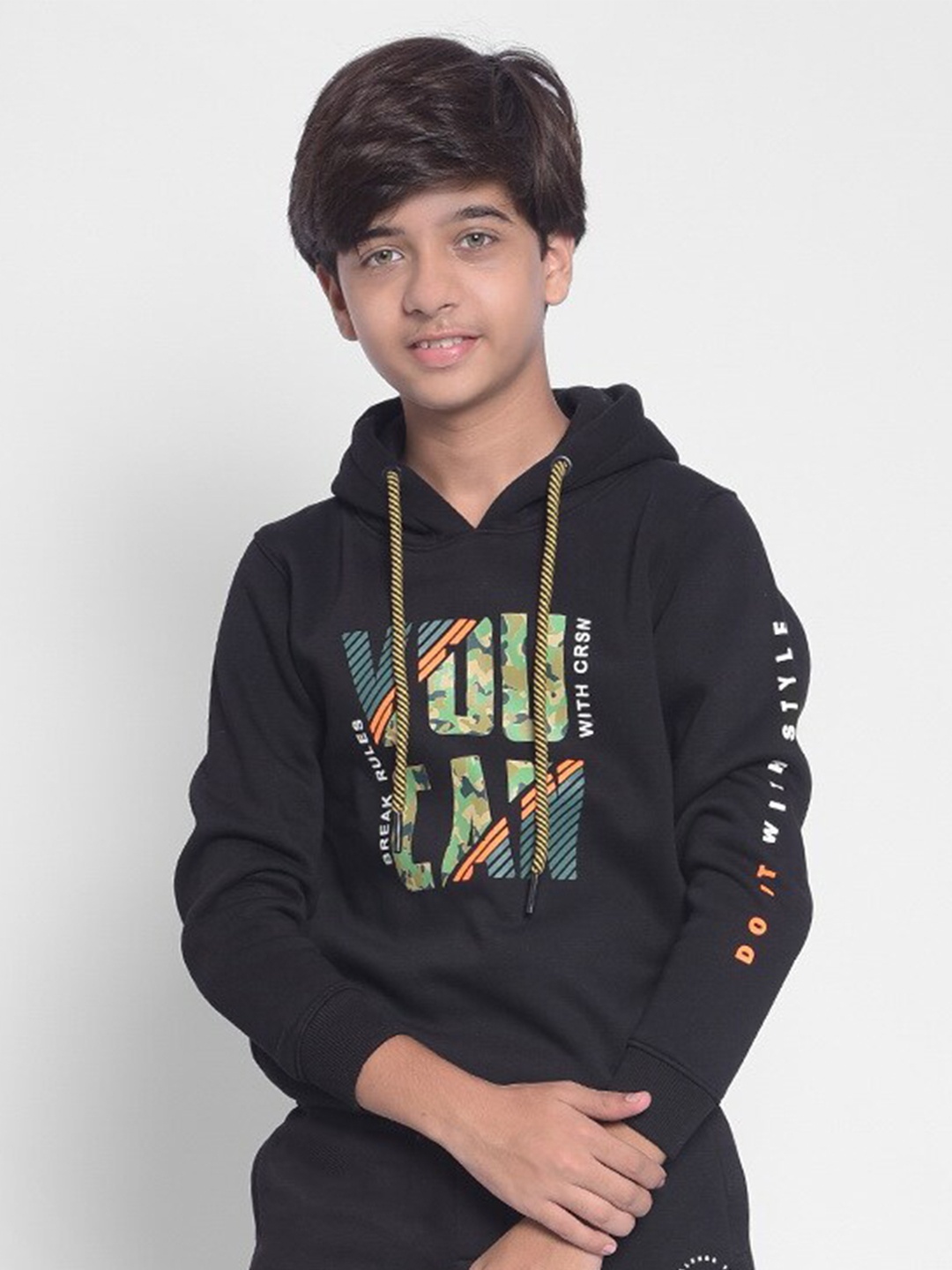 

Crimsoune Club Boys Typography Printed Hooded Sweatshirt, Black