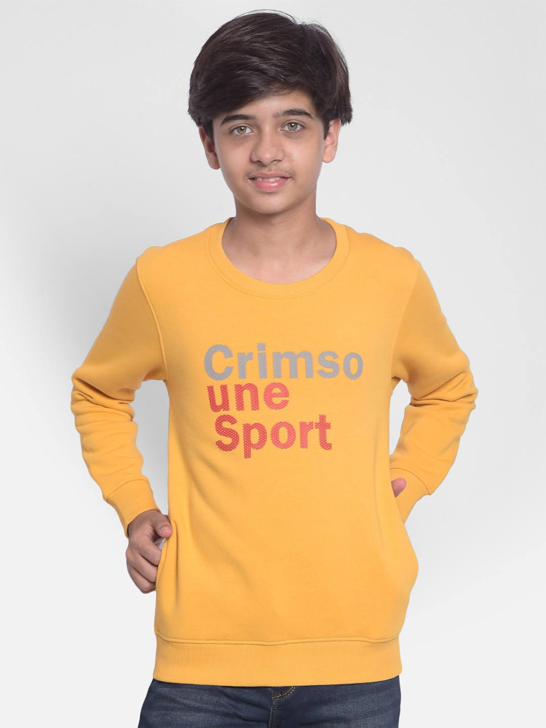 

Crimsoune Club Boys Typography Printed Cotton Pullover, Mustard