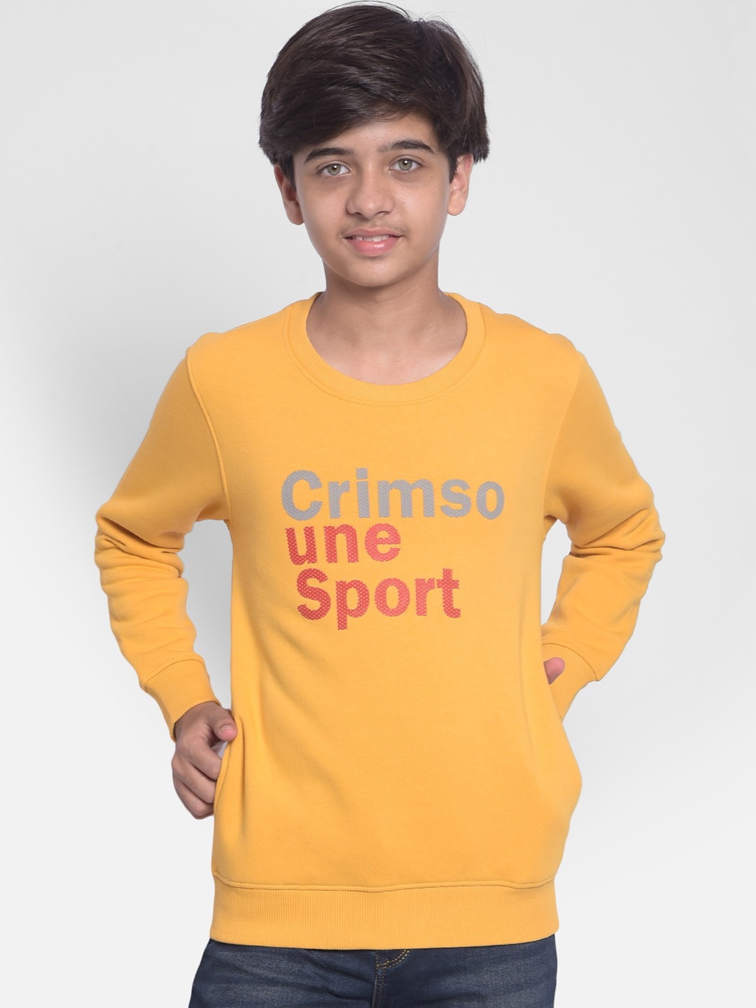 

Crimsoune Club Boys Typography Printed Cotton Sweatshirt, Mustard