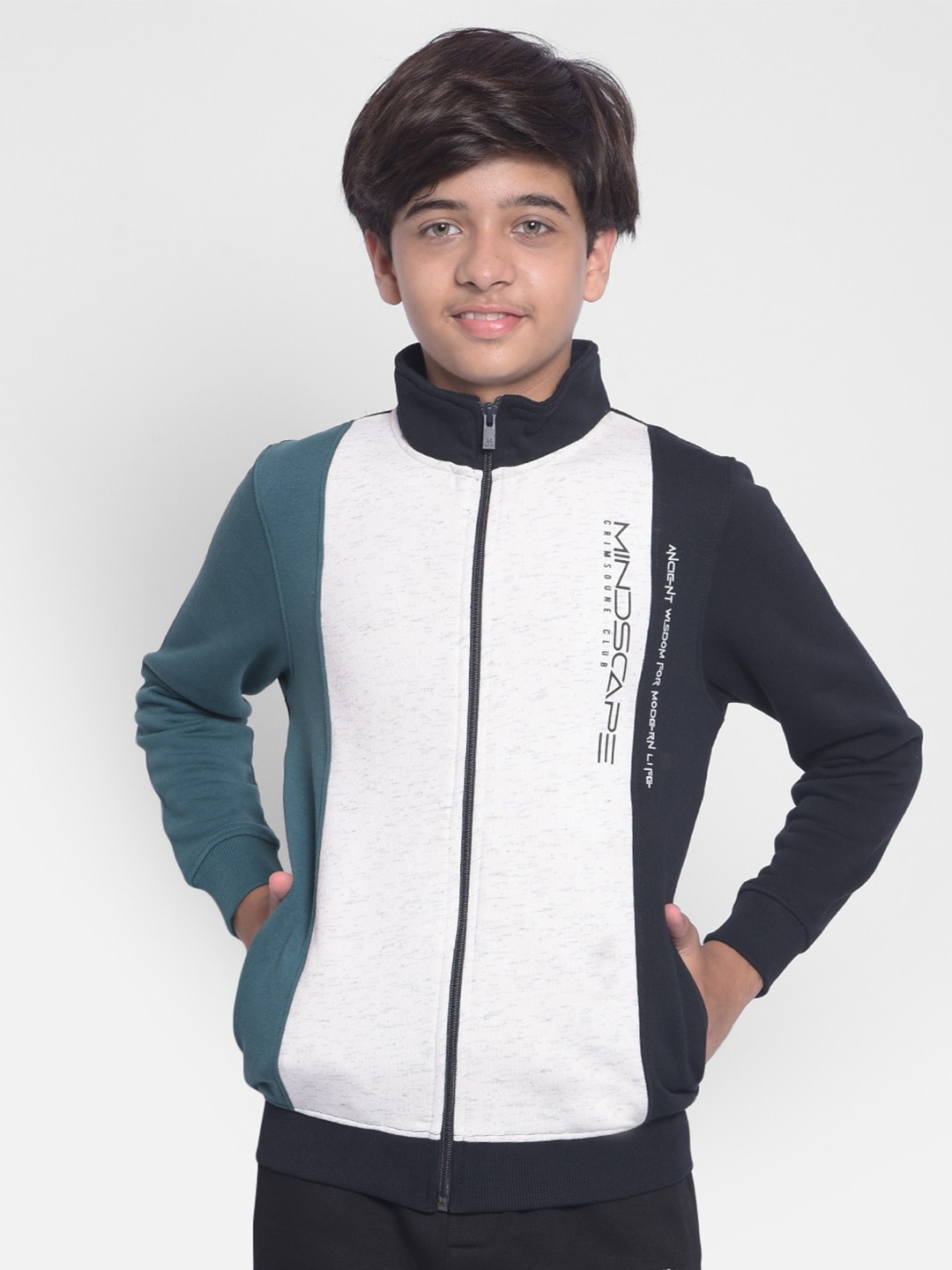 

Crimsoune Club Boys Mock Collar Colourblocked Cotton Sweatshirt, Teal