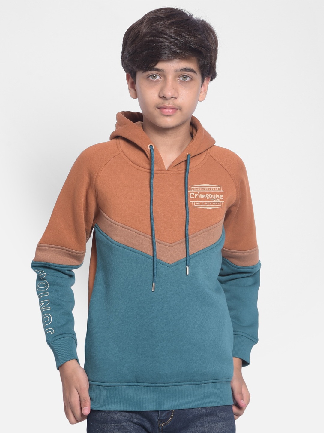 

Crimsoune Club Boys Colourblocked Hooded Cotton Pullover, Orange