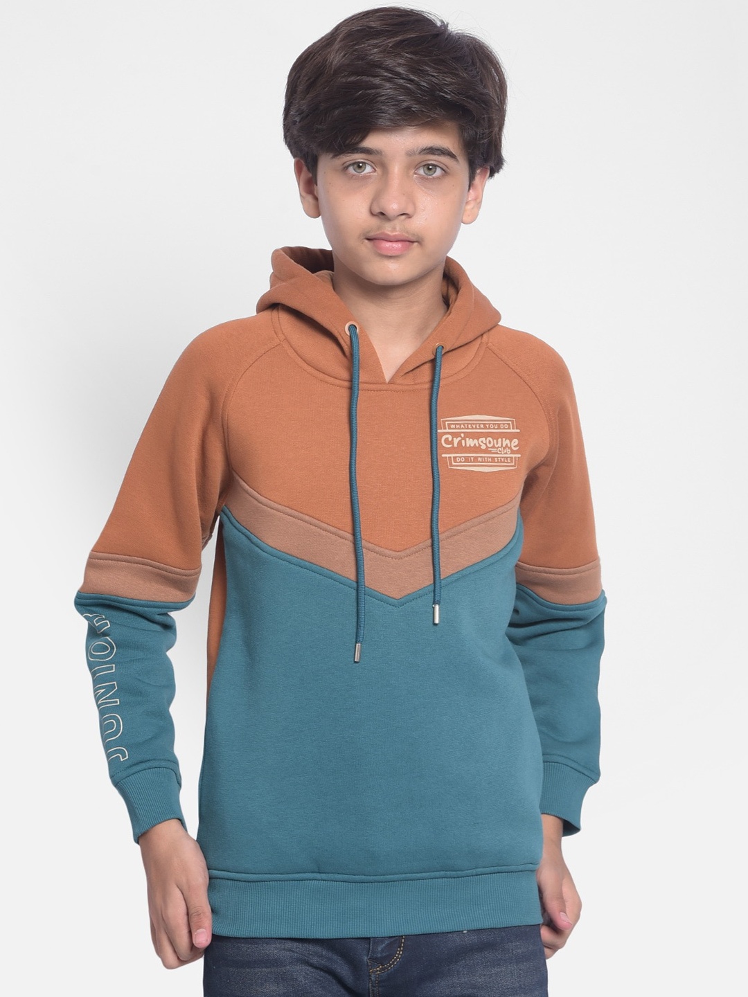 

Crimsoune Club Boys Colourblocked Hooded Cotton Pullover, Orange