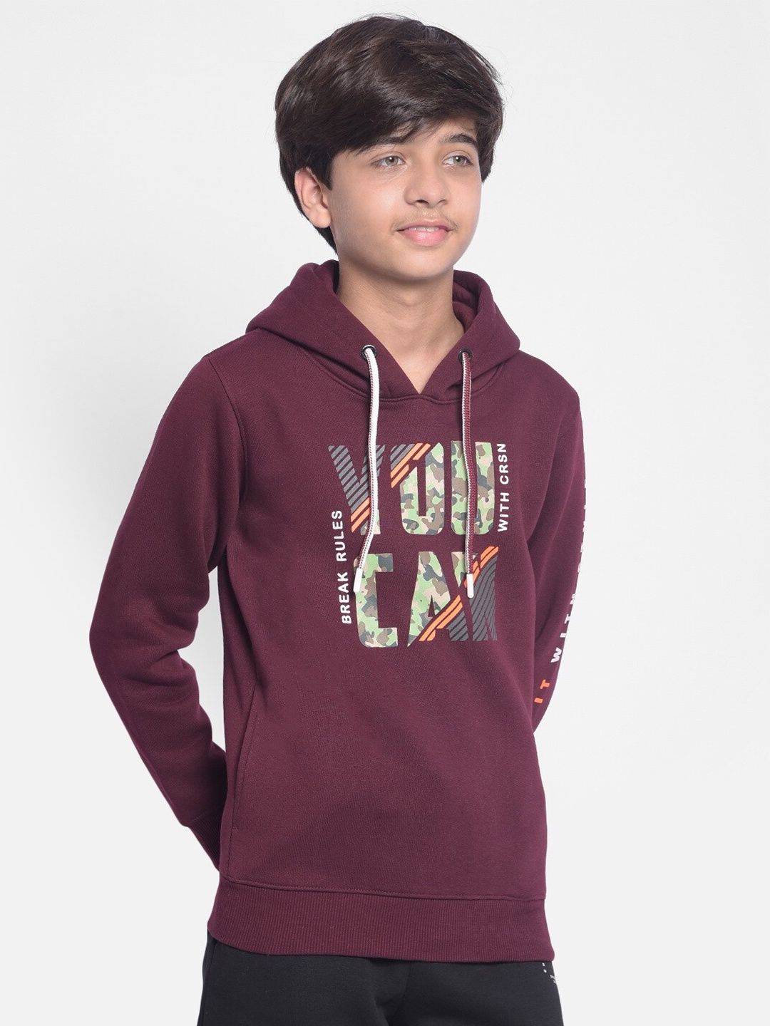 Crimsoune Club Boys Typography Printed Hooded Cotton Sweatshirt, Purple