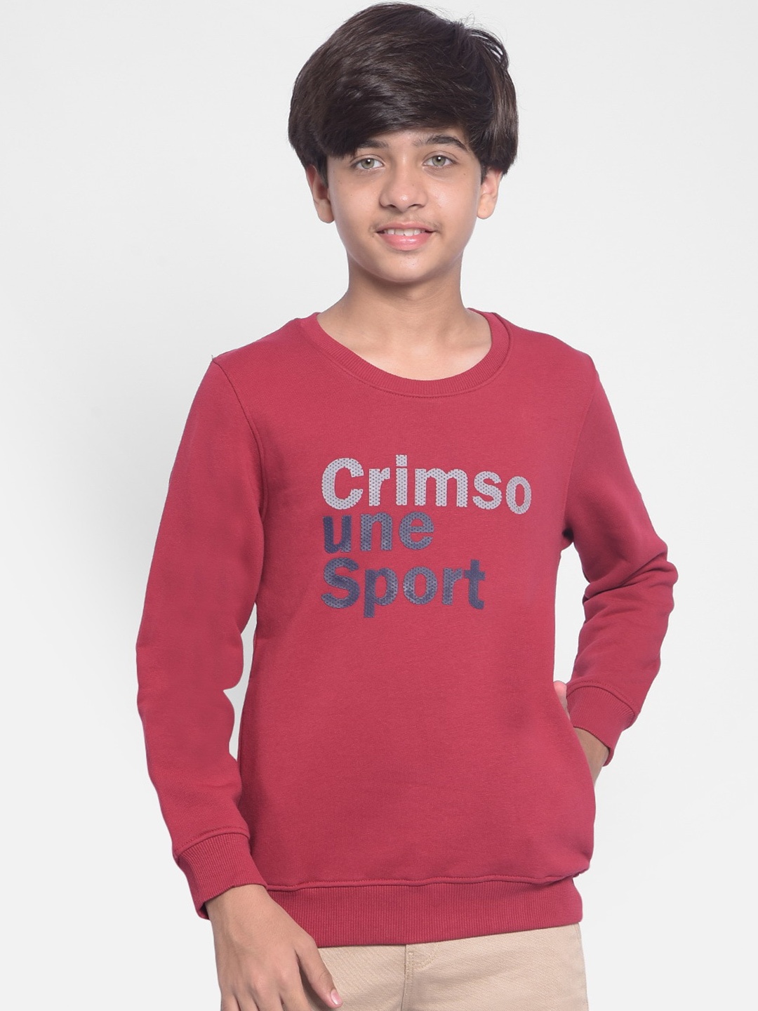 Crimsoune Club Boys Typography Printed Cotton Pullover, Red