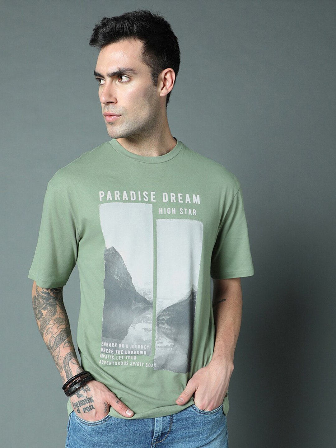 

High Star Graphic Printed Pure Cotton Relaxed fit T-shirt, Green