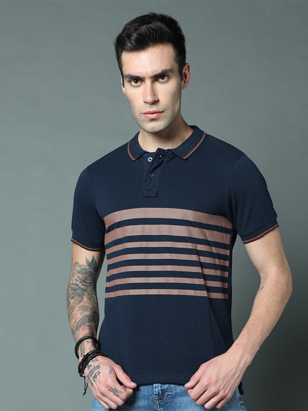 

High Star Striped Polo Collar Pure Cotton T-shirt, Blue