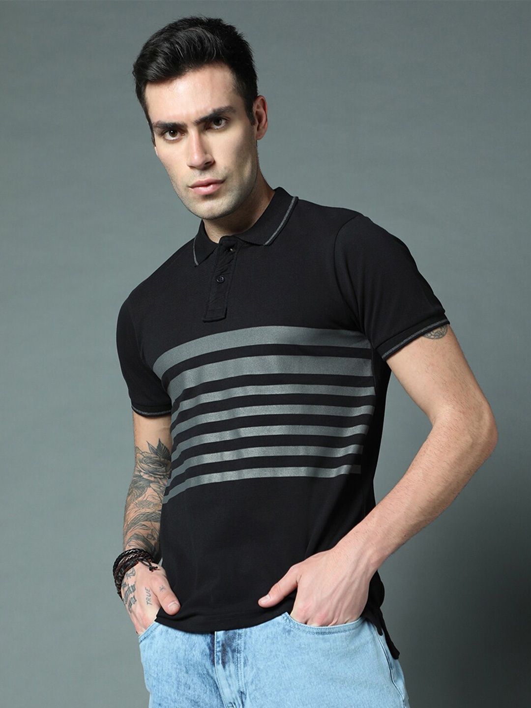 

High Star Geometric Printed Polo Collar Regular Pure Cotton T-Shirts, Black