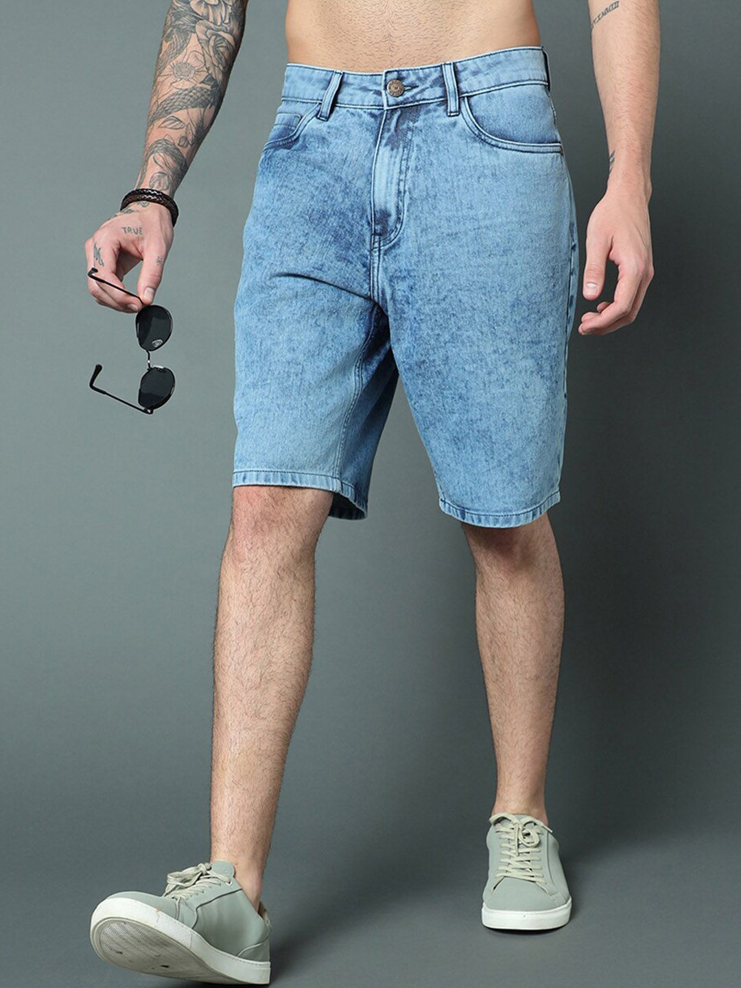 

High Star Men Mid-Rise Washed Loose Fit Pure Cotton Denim Shorts, Blue