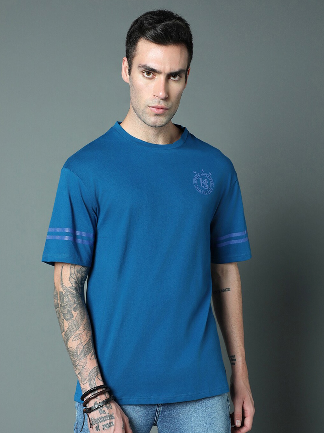 High Star Round Neck Relaxed Pure Cotton short sleeve Tshirts, Blue