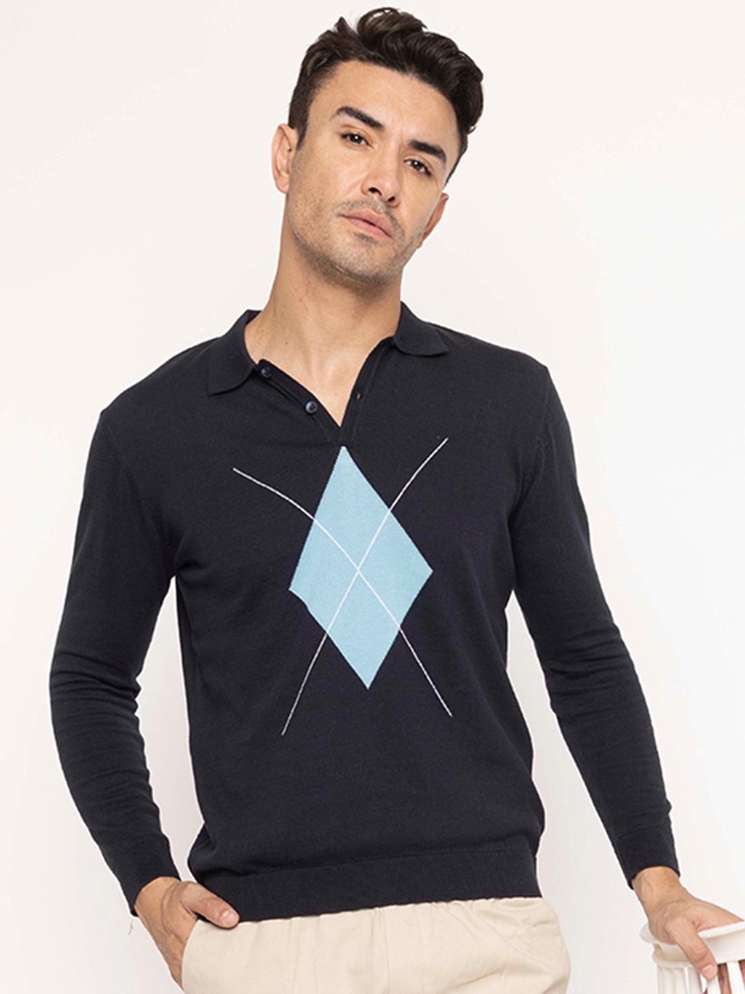 

ARMISTO Argyle Polo Collar Pure Cotton Knitted T-shirt, Navy blue