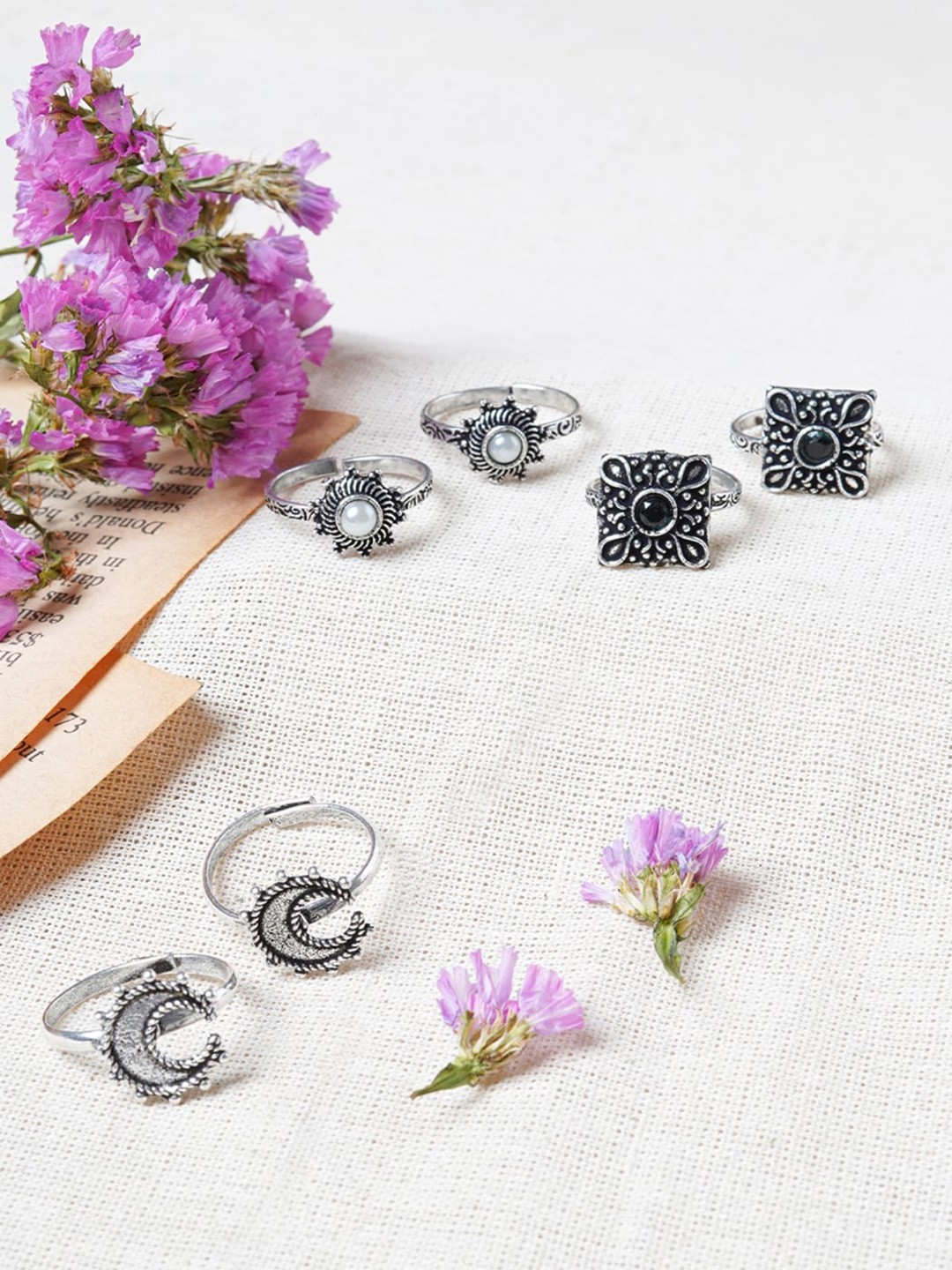 

TEEJH Set Of 3 Silver Plated Stone Studded Oxidised Toe Rings