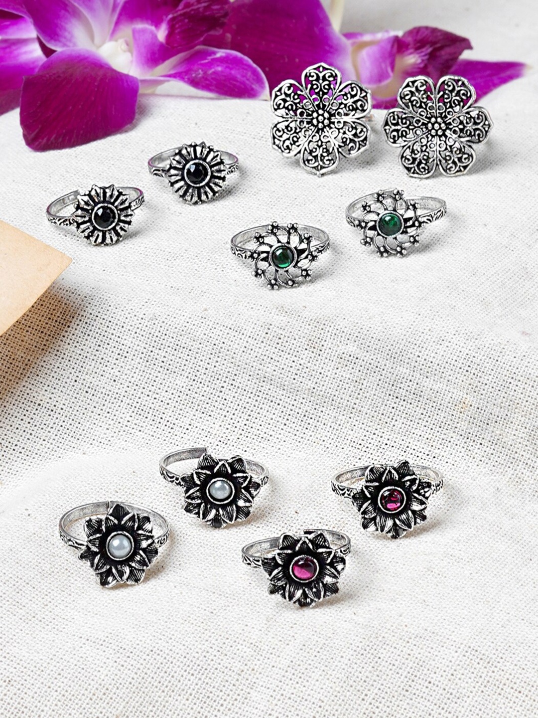 

TEEJH Set Of 5 Oxidised Silver-Plated Stone-Studded Toe Rings