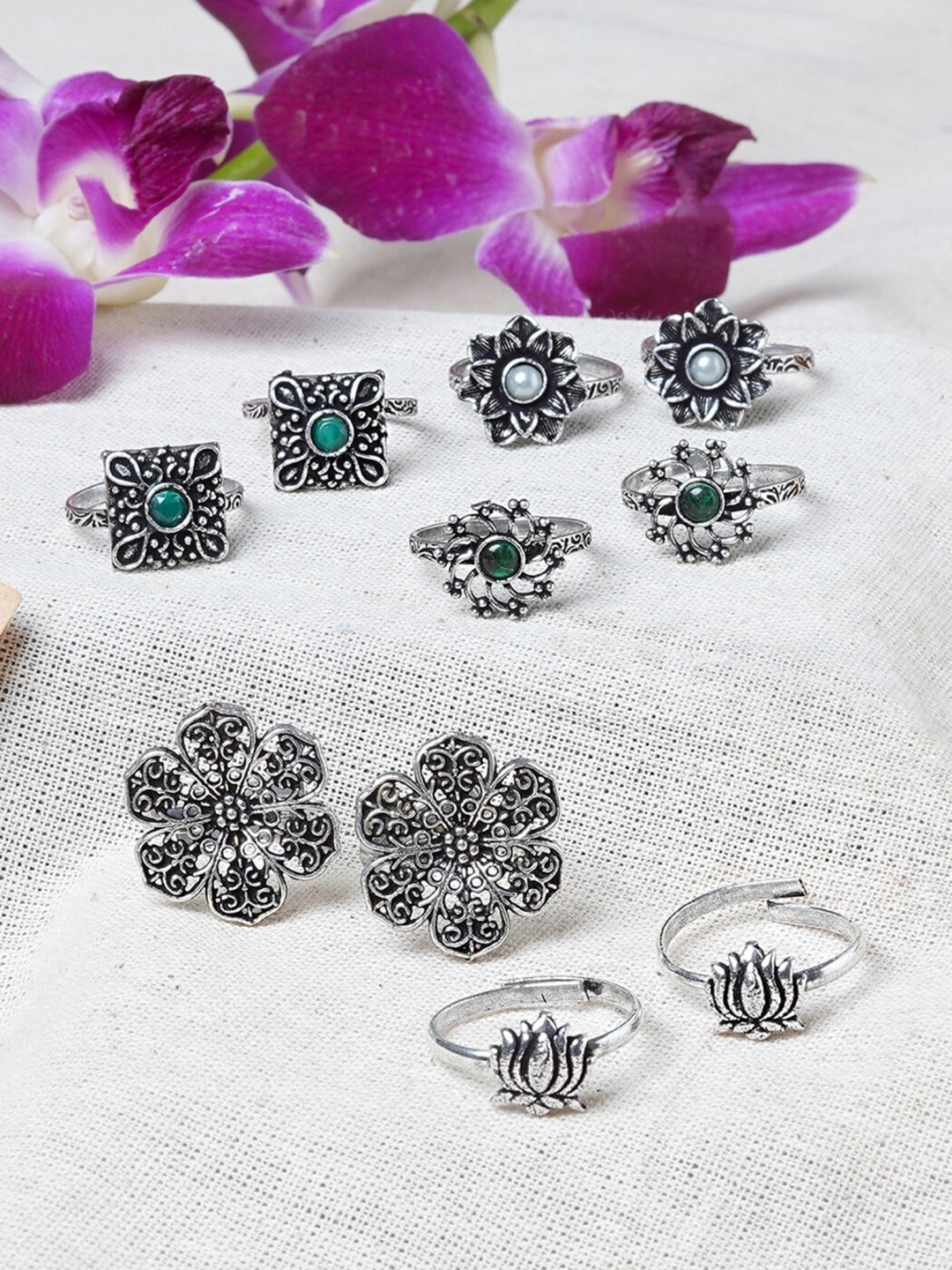 

TEEJH Set Of 5 Oxidised Silver Plated Stone Studded Toe Rings