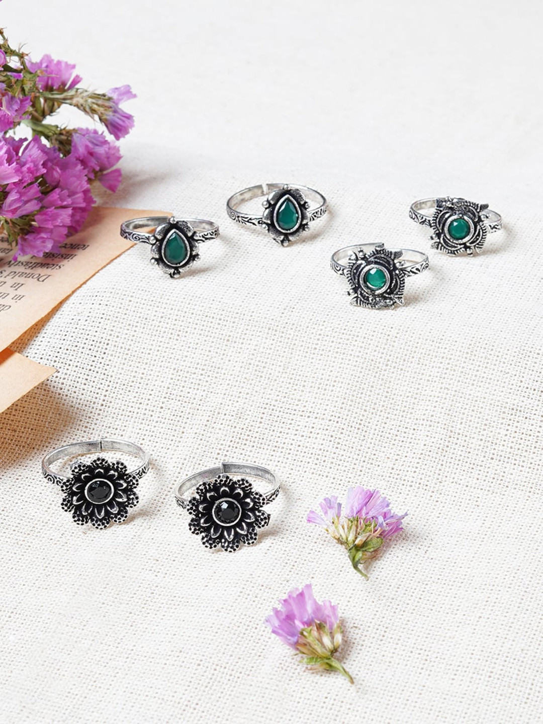 

TEEJH Set Of 3 Oxidised Silver Plated Stone Studded Toe Rings