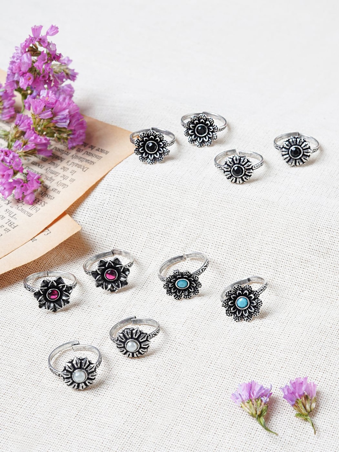 

TEEJH Set Of 5 Oxidised Silver Plated Stone Studded Toe Rings