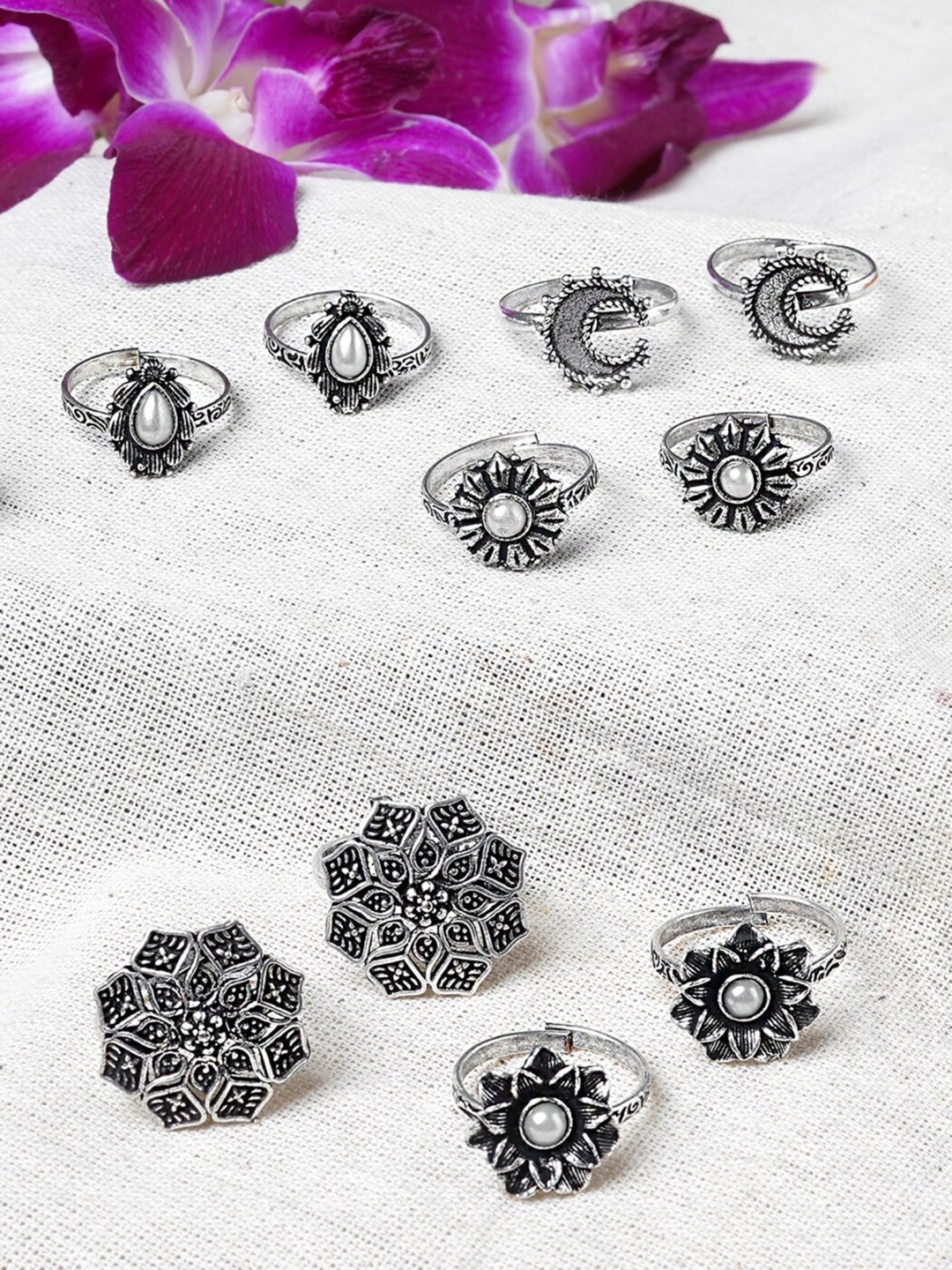 

TEEJH Set Of 5 Oxidised Silver-Plated Stone-Studded Toe Rings