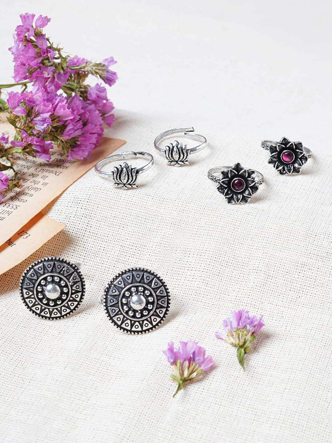 

TEEJH Set Of 3 Silver Plated Stone Studded Toe Rings
