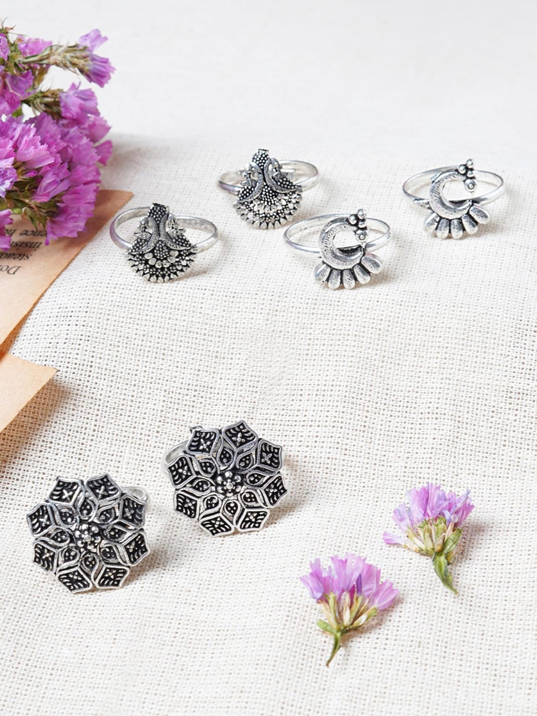 

TEEJH Set Of 3 Oxidised Silver Plated Toe Rings