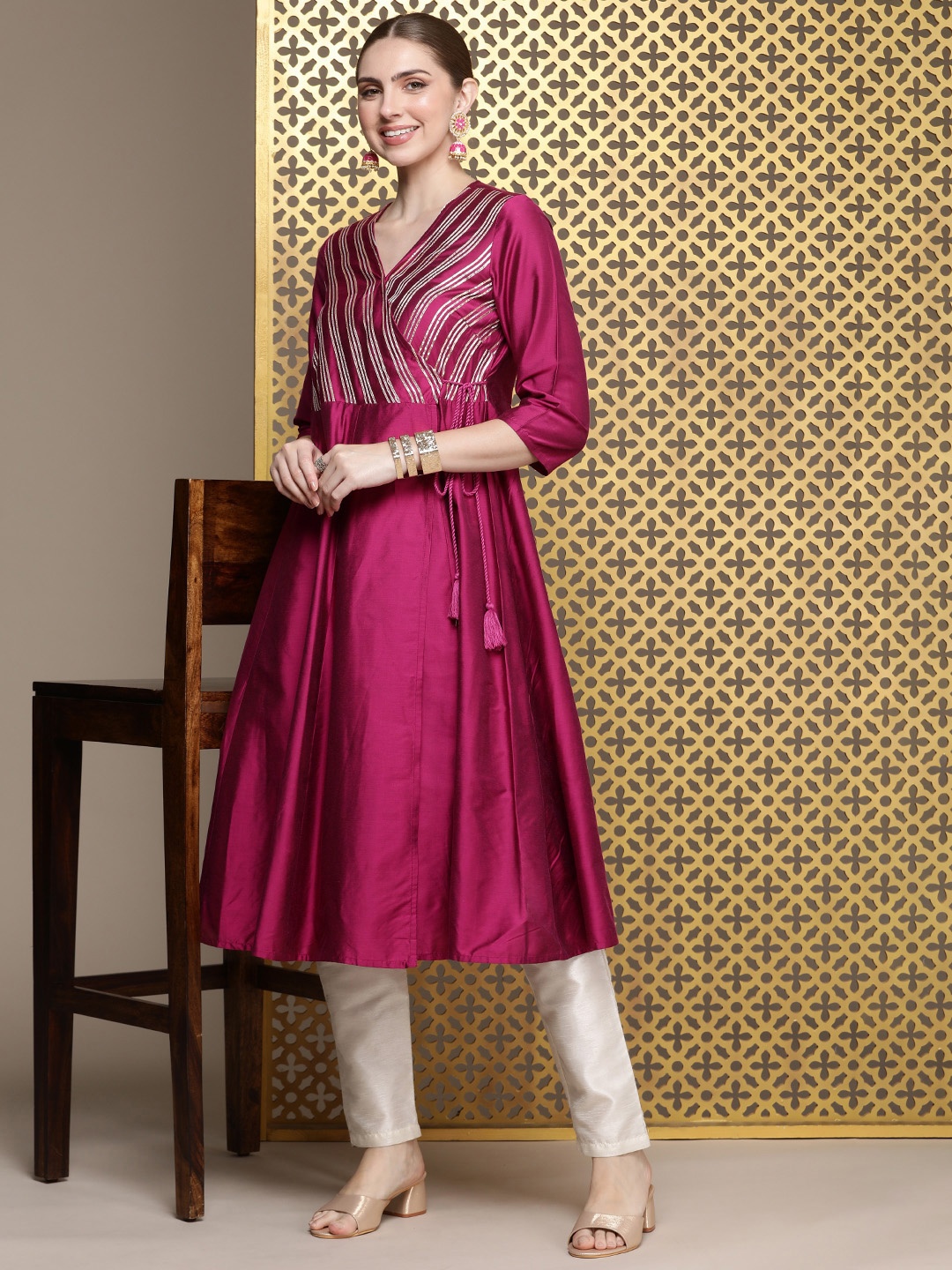 

House of Pataudi Yoke Design Jashn Angrakha Kurta, Magenta