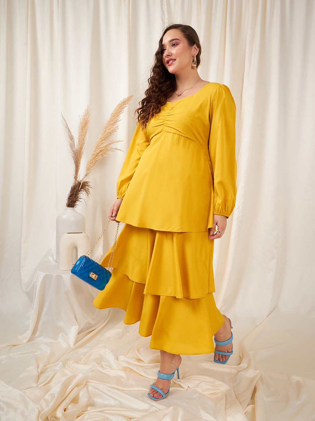 

Berrylush Curve Sweetheart Neck Puff Sleeve Layered Midi Dress, Yellow