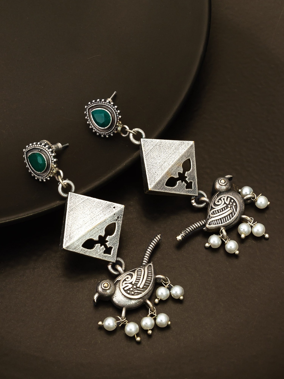 

aadita Stone Studded & Beaded Drop Earrings, Silver