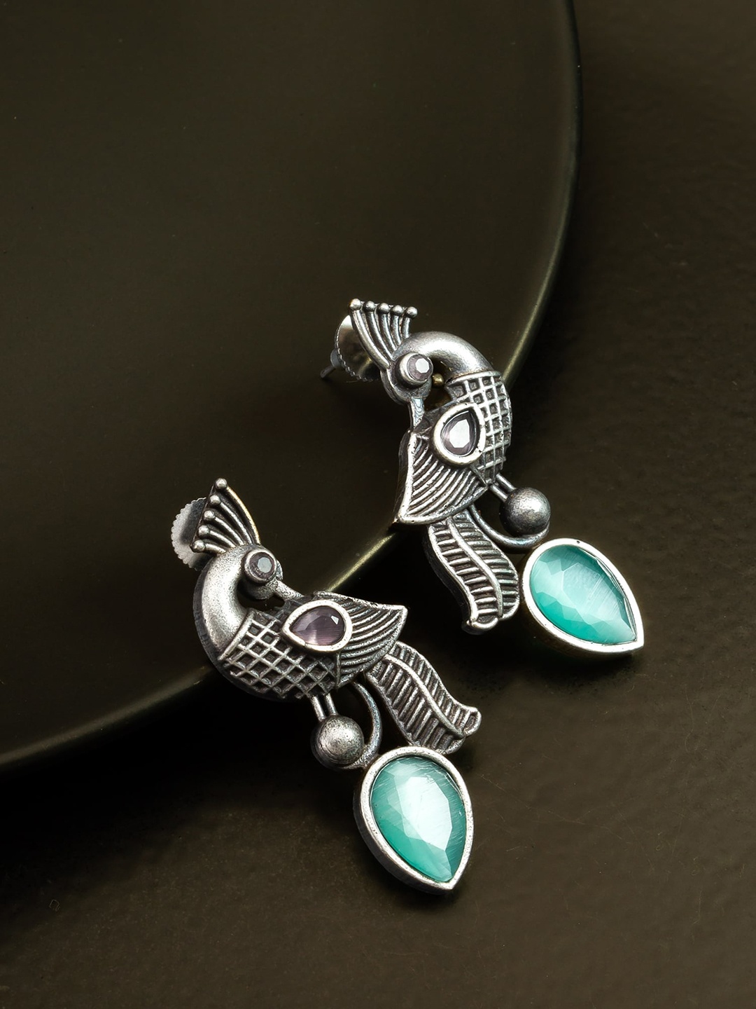

aadita Stone Studded Peacock Drop Earrings, Silver