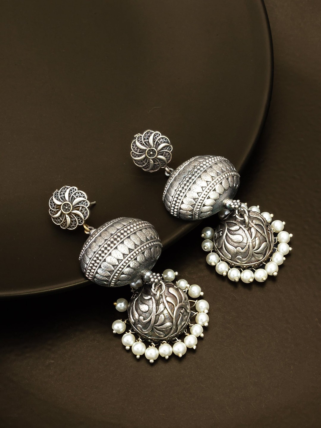 

aadita Beaded Dome Shaped Jhumkas, Silver