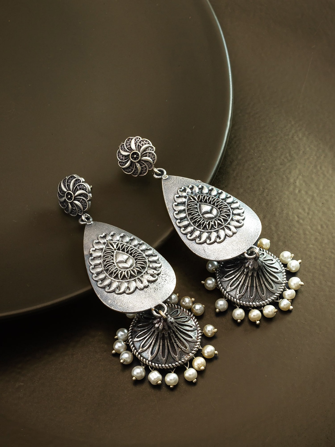 

aadita Contemporary Oxidised Drop Earrings, Silver