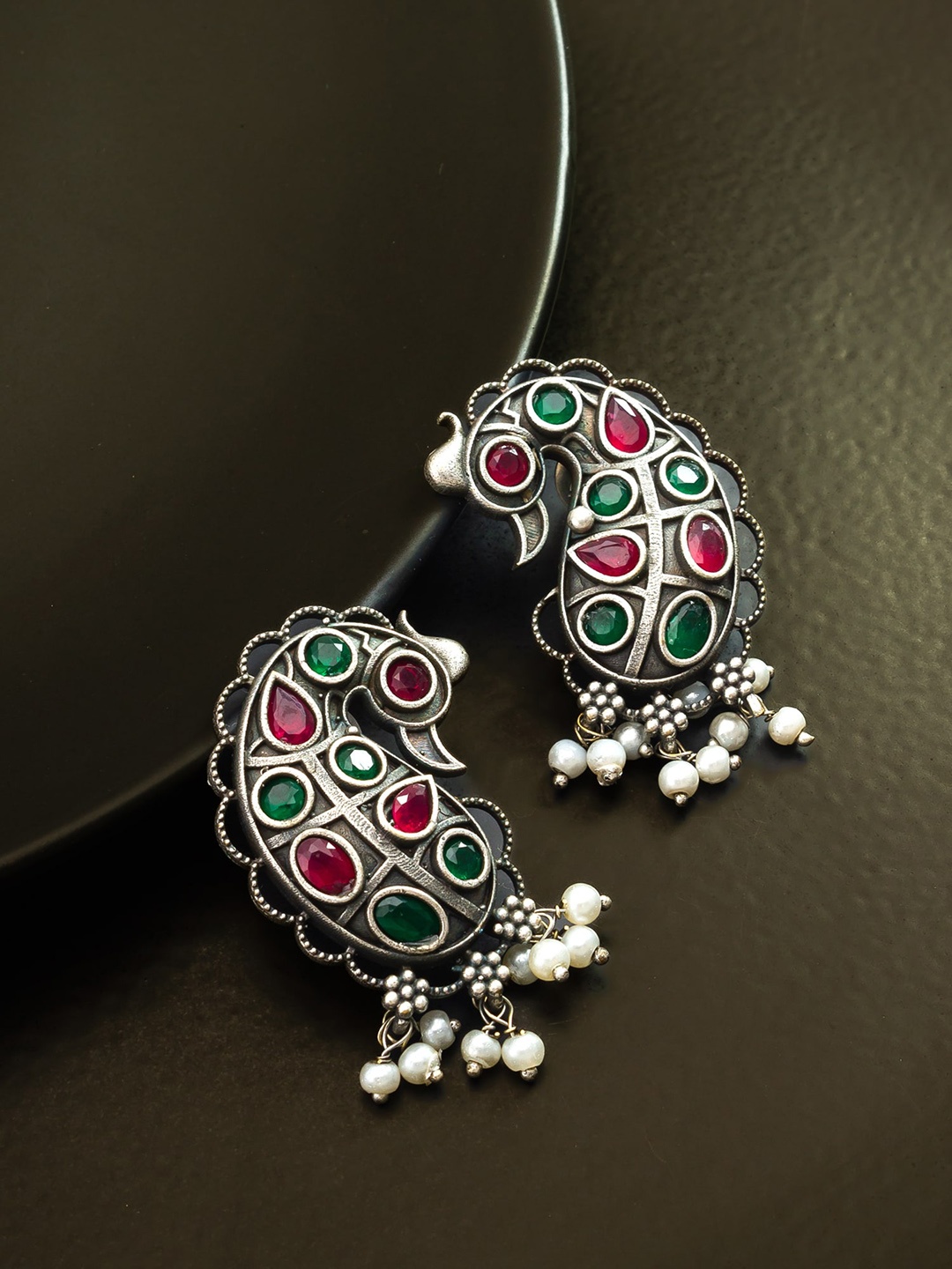 

aadita Stone Studded & Beaded Drop Earrings, Silver