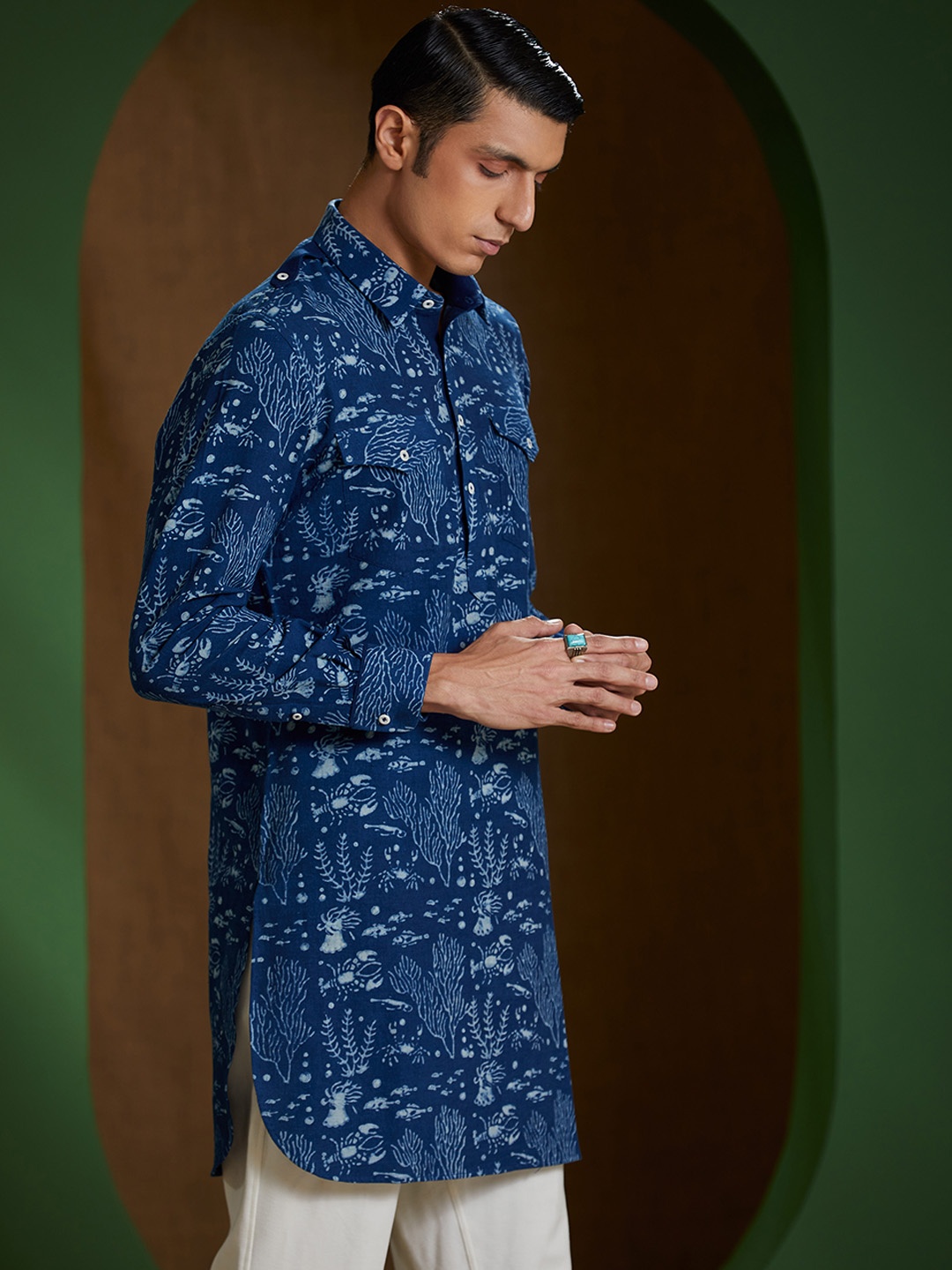 

Earthpiece Men Ethnic Motifs Block Printed Shirt Collar Pathani Cotton Kurta, Blue