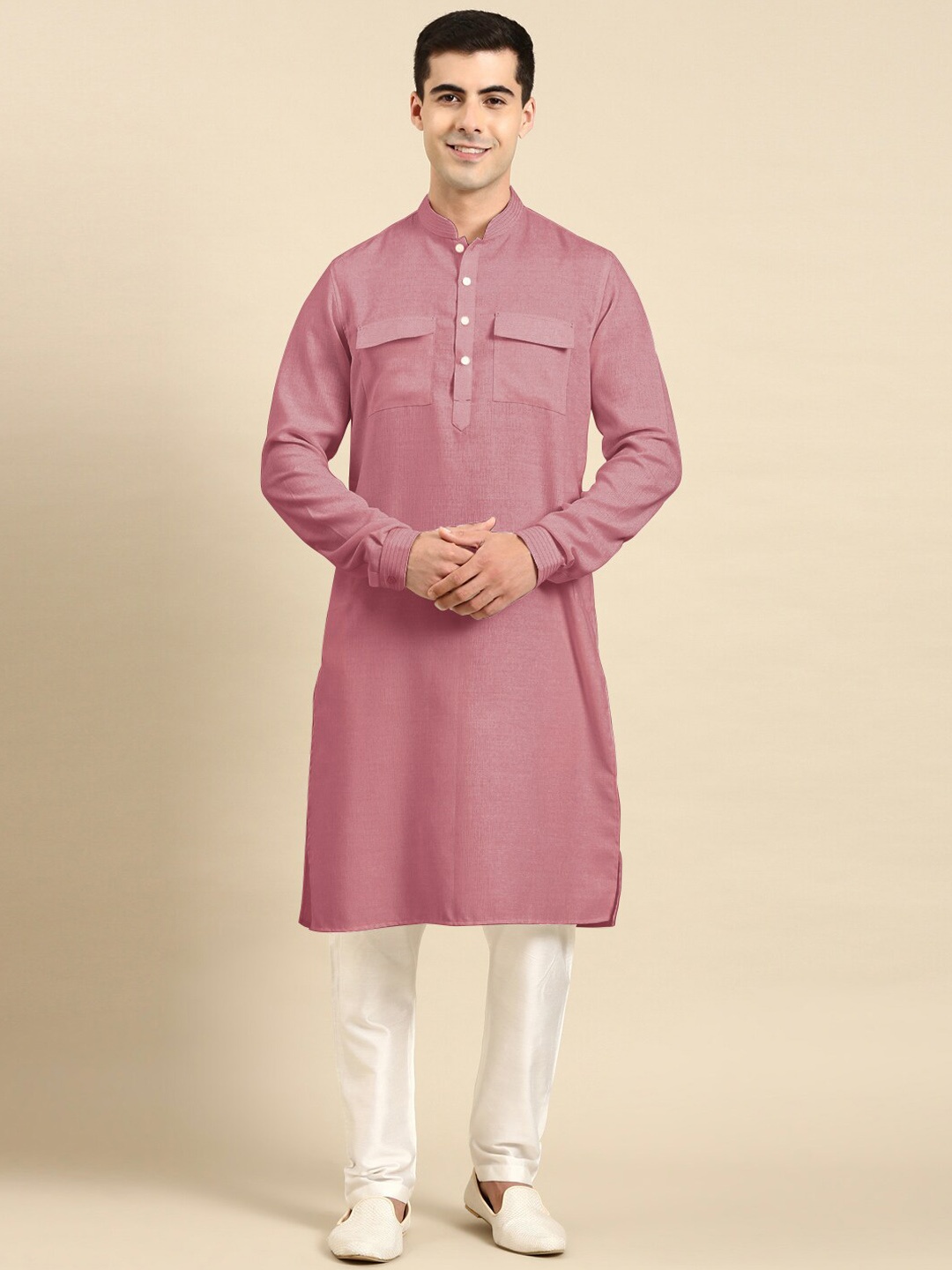 

TheEthnic.Co Mandarin Collar Paithani Pure Cotton Kurta With Trousers, Pink