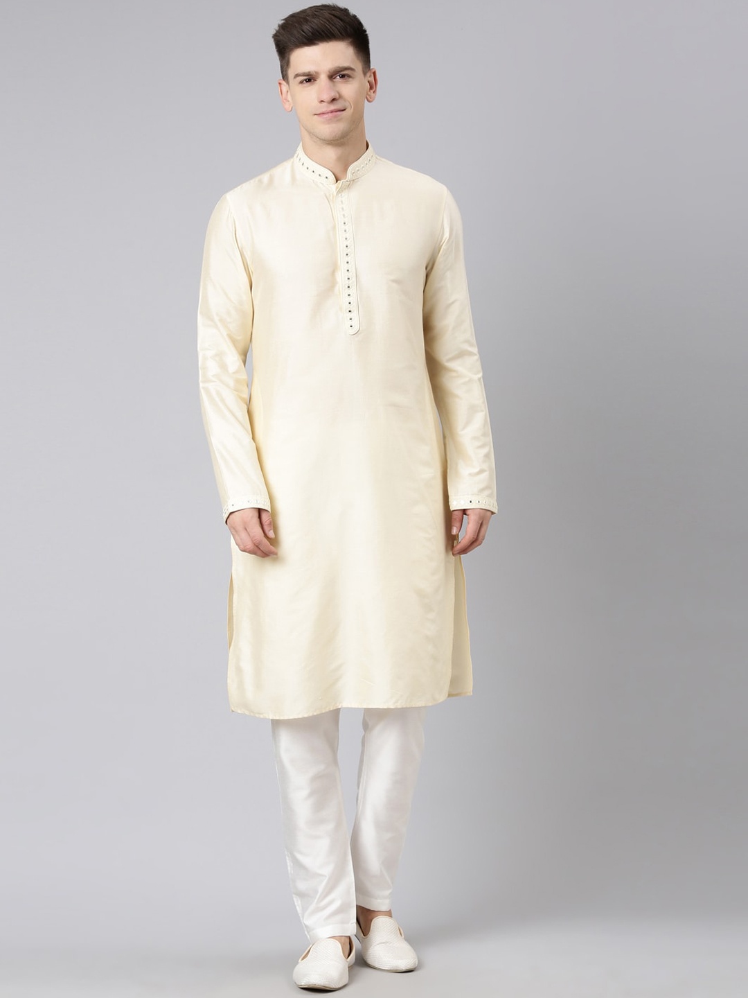TheEthnic.Co Regular Mirror Work Kurta With Trousers, Beige