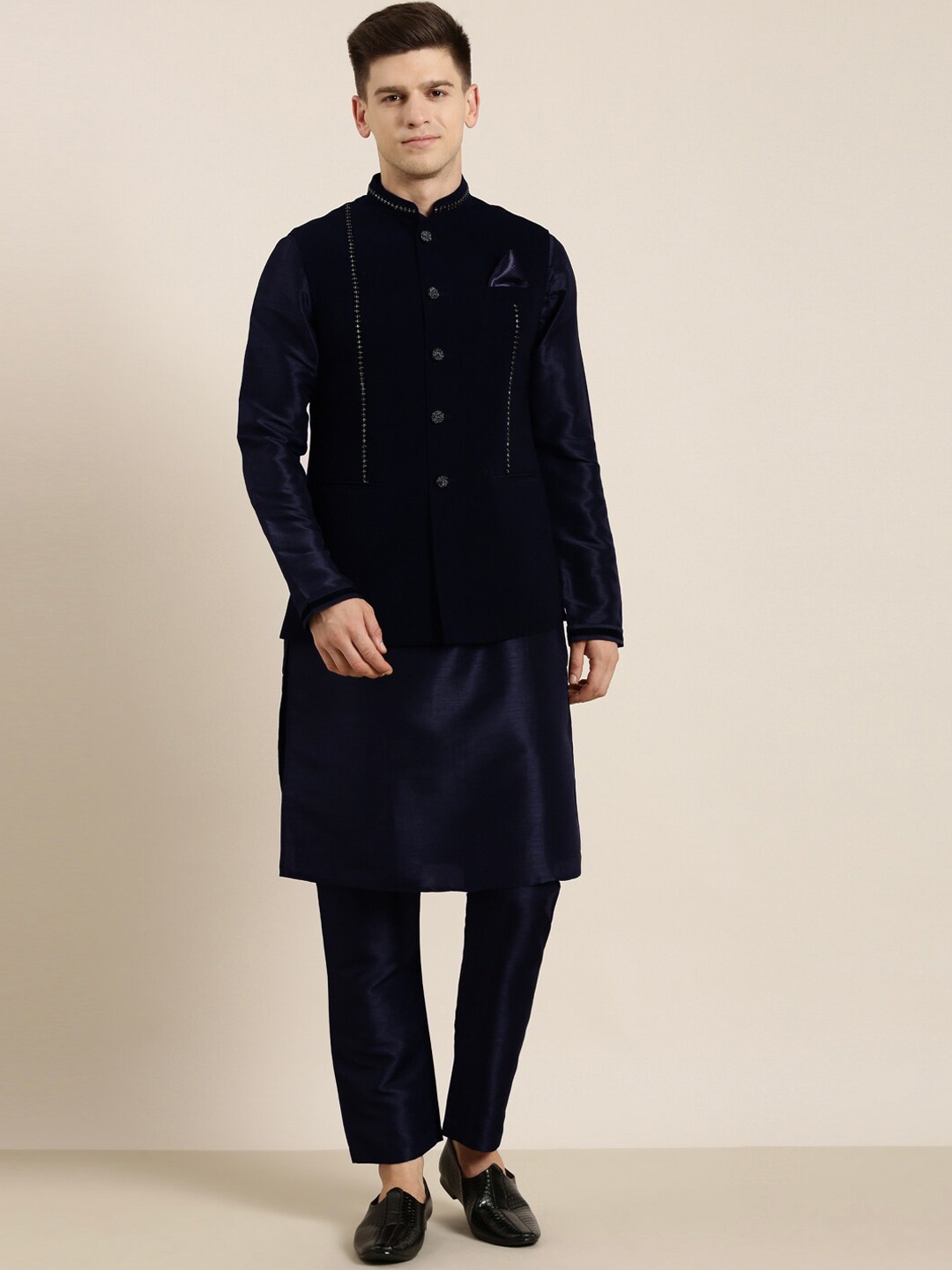 

TheEthnic.Co Kurta & Trousers With Nehru jacket, Navy blue