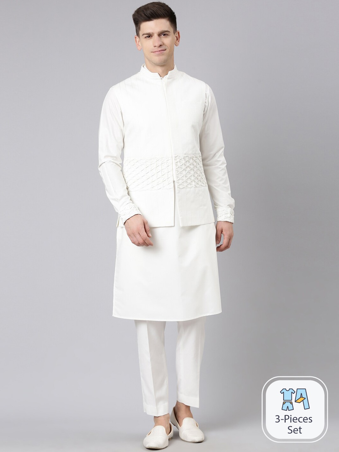 

TheEthnic.Co Pure Cotton Kurta & Trousers With Nehru jacket, White