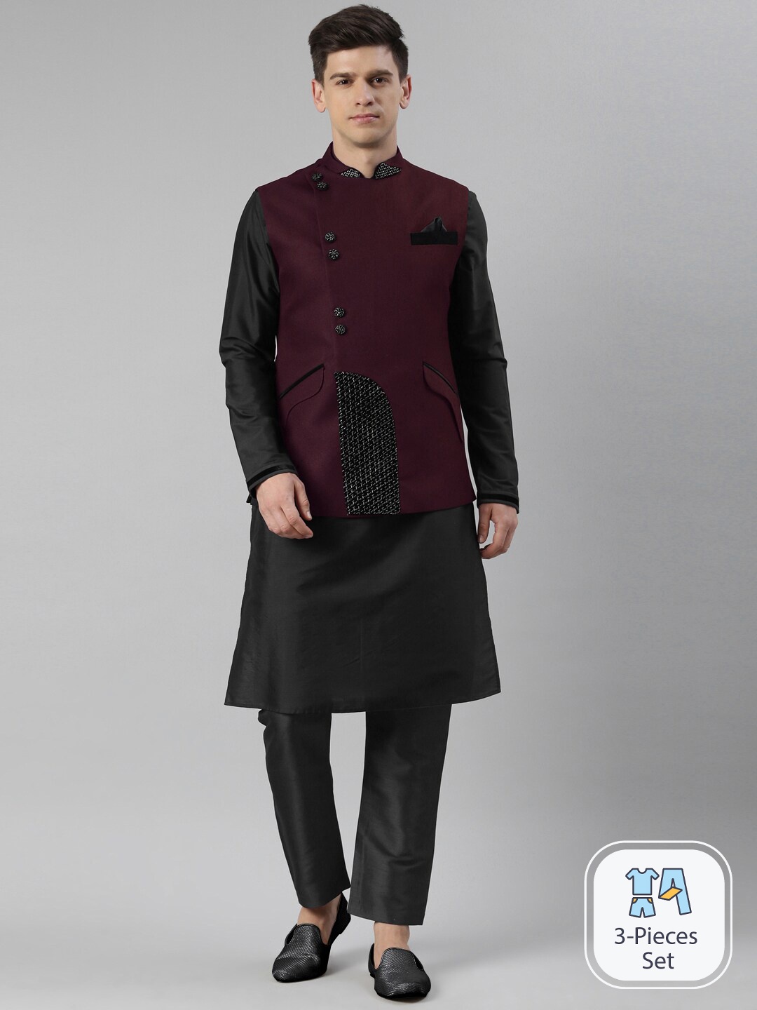 

TheEthnic.Co Mandarin Collar Beads & Stones Regular Kurta With Trousers & Nehru Jacket, Purple