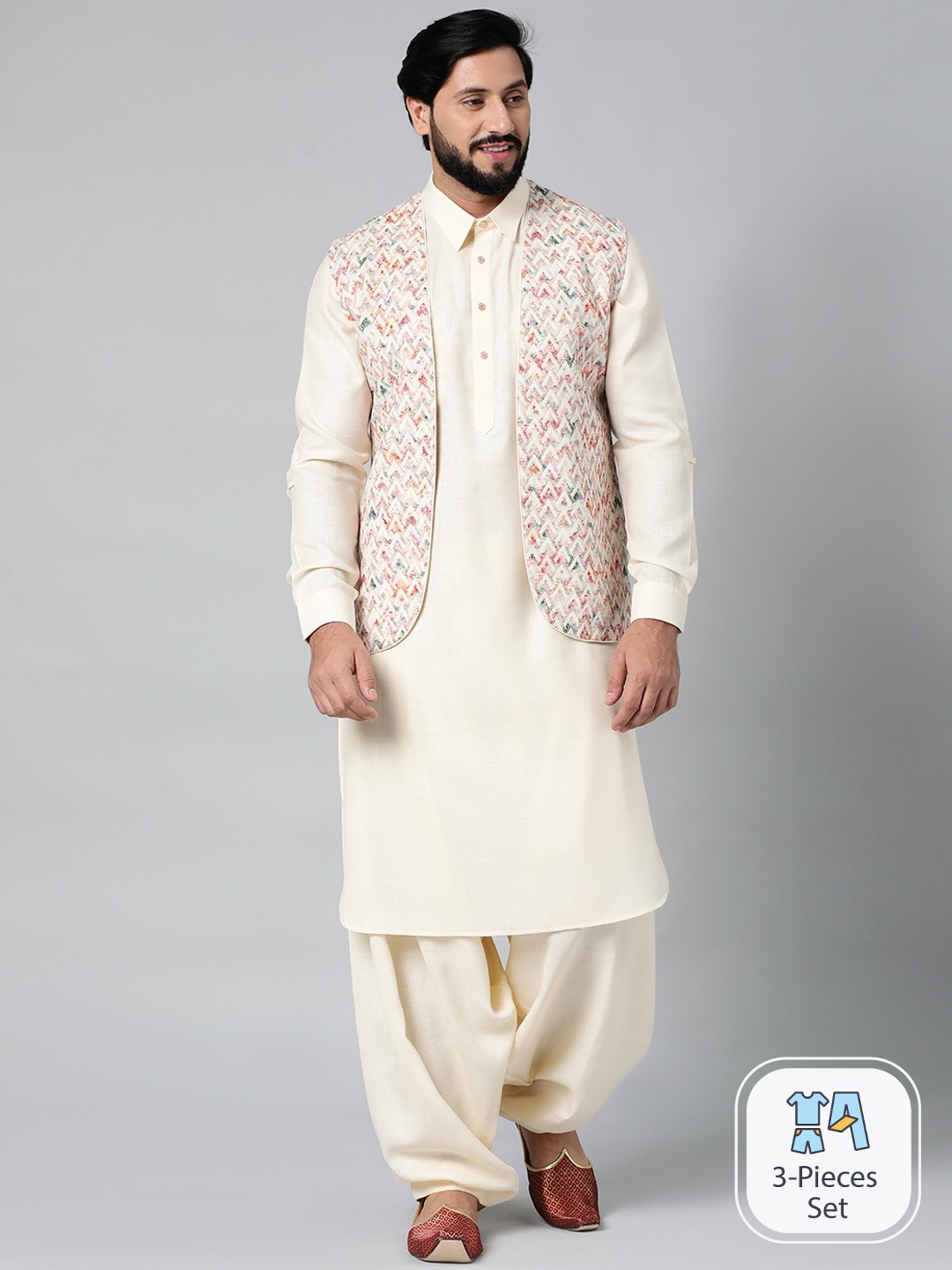

TheEthnic.Co Mandarin Collar Paithani Kurta With Patiala & Jacket, Cream