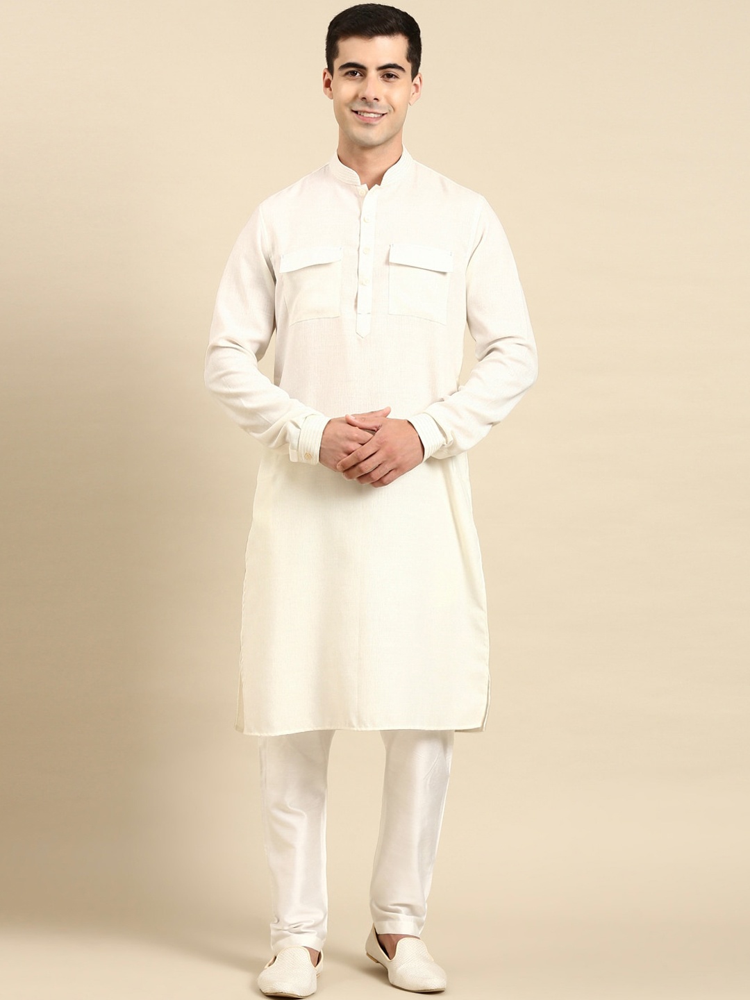 

TheEthnic.Co Mandarin Collar Pathani Kurta With Pyjama, Cream