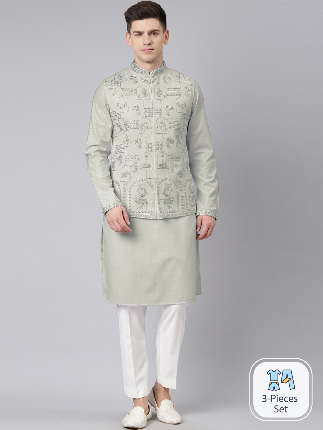 

TheEthnic.Co Mandarin Collar Regular Kurta with Pyjama & Embroidered Nehru jacket, Green