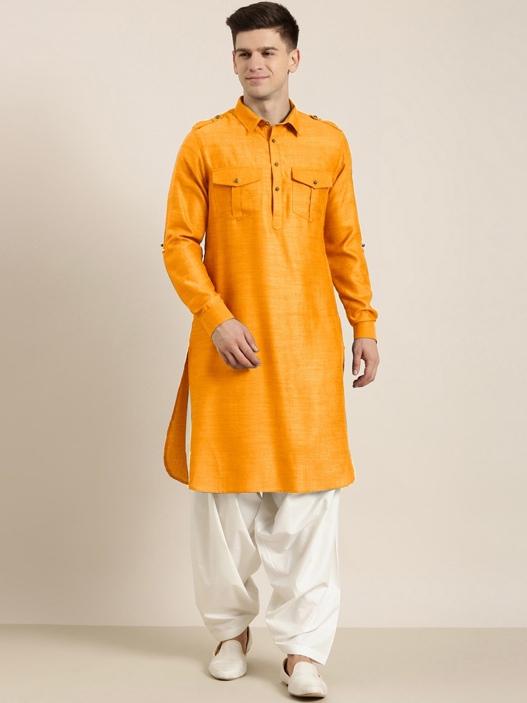 

TheEthnic.Co Shirt Collar Pure Cotton Pathani Kurta With Patiala, Yellow