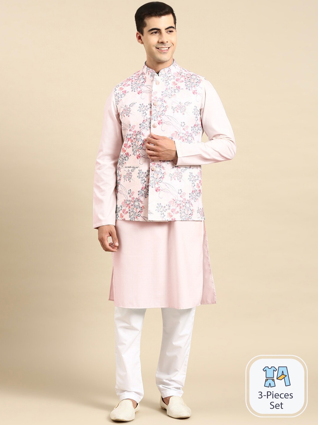 

TheEthnic.Co Mandarin Collar Straight Kurta & Pyjamas With Printed Nehru Jacket, Pink