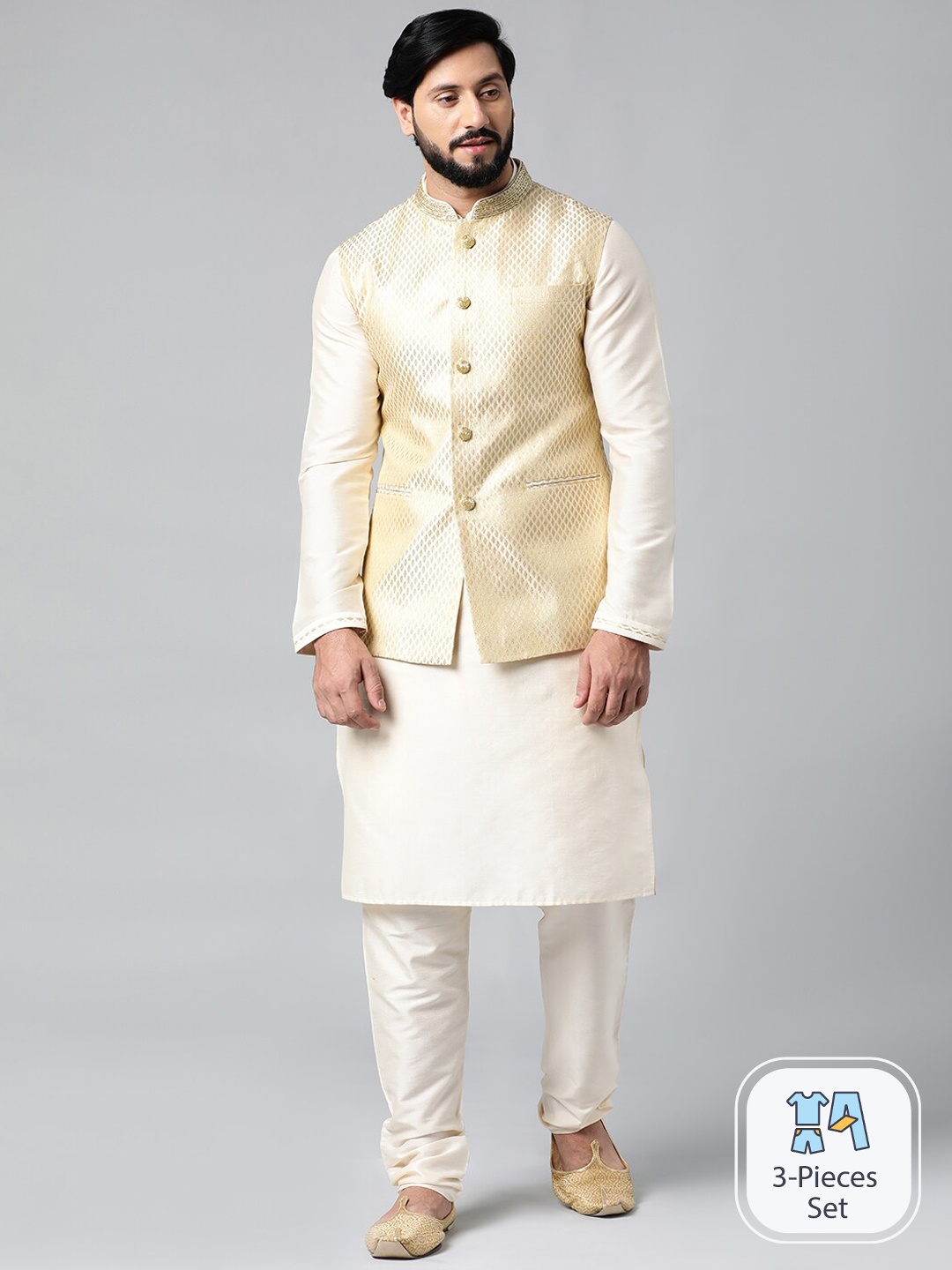 

TheEthnic.Co Ethnic Motifs Woven Design Kurta with Pyjamas With Nehru jacket, Cream