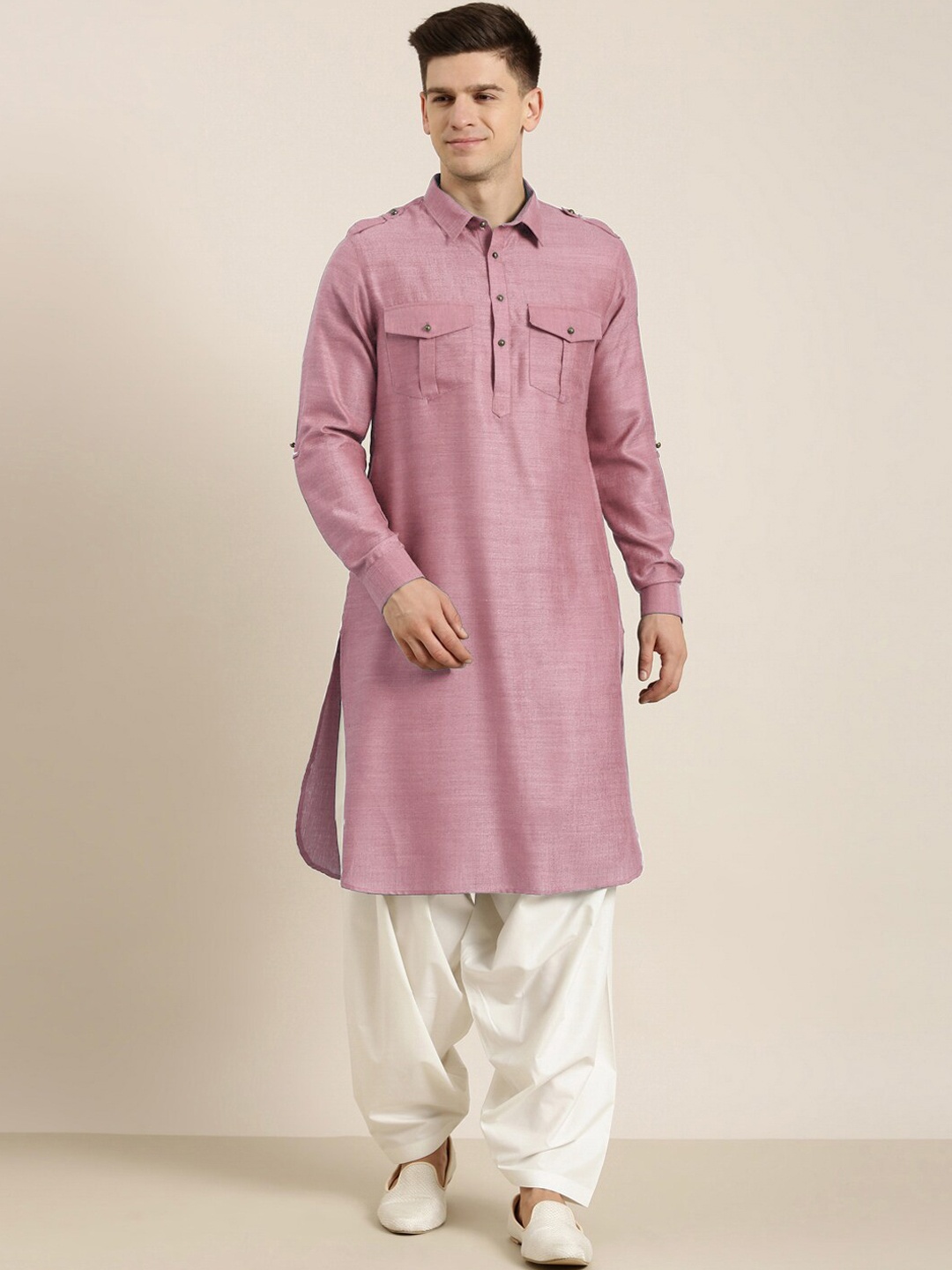 

TheEthnic.Co Shirt Collar Pathani Pure Cotton Kurta With Patiala, Rose