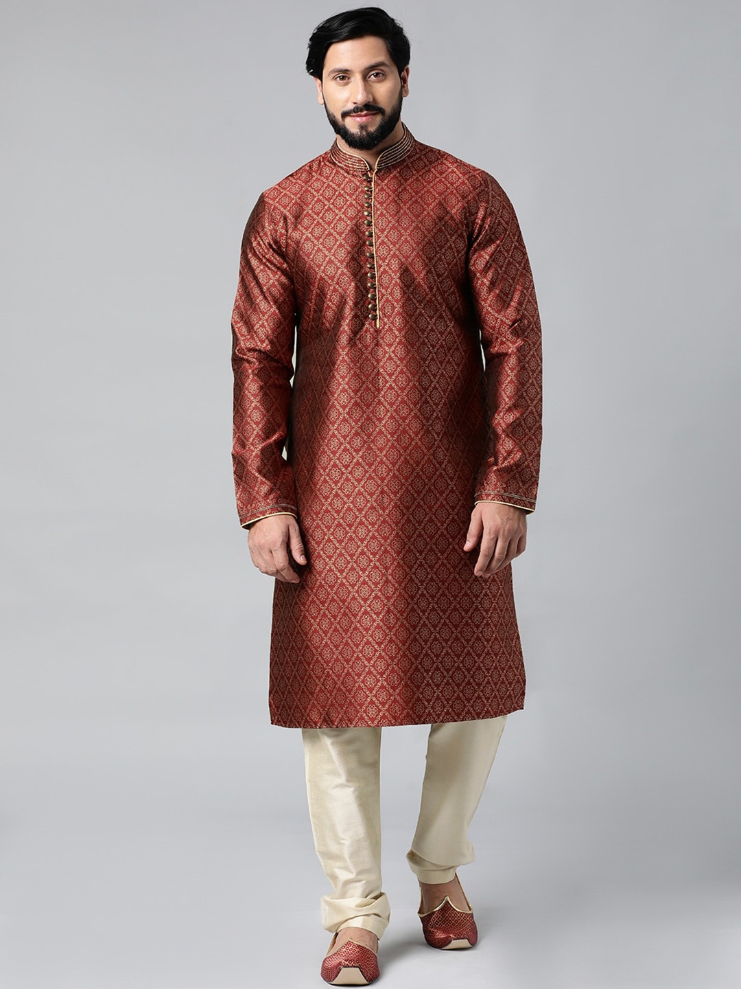 TheEthnic.Co Ethnic Motifs Woven Design Band Collar Kurta with Pyjamas, Maroon