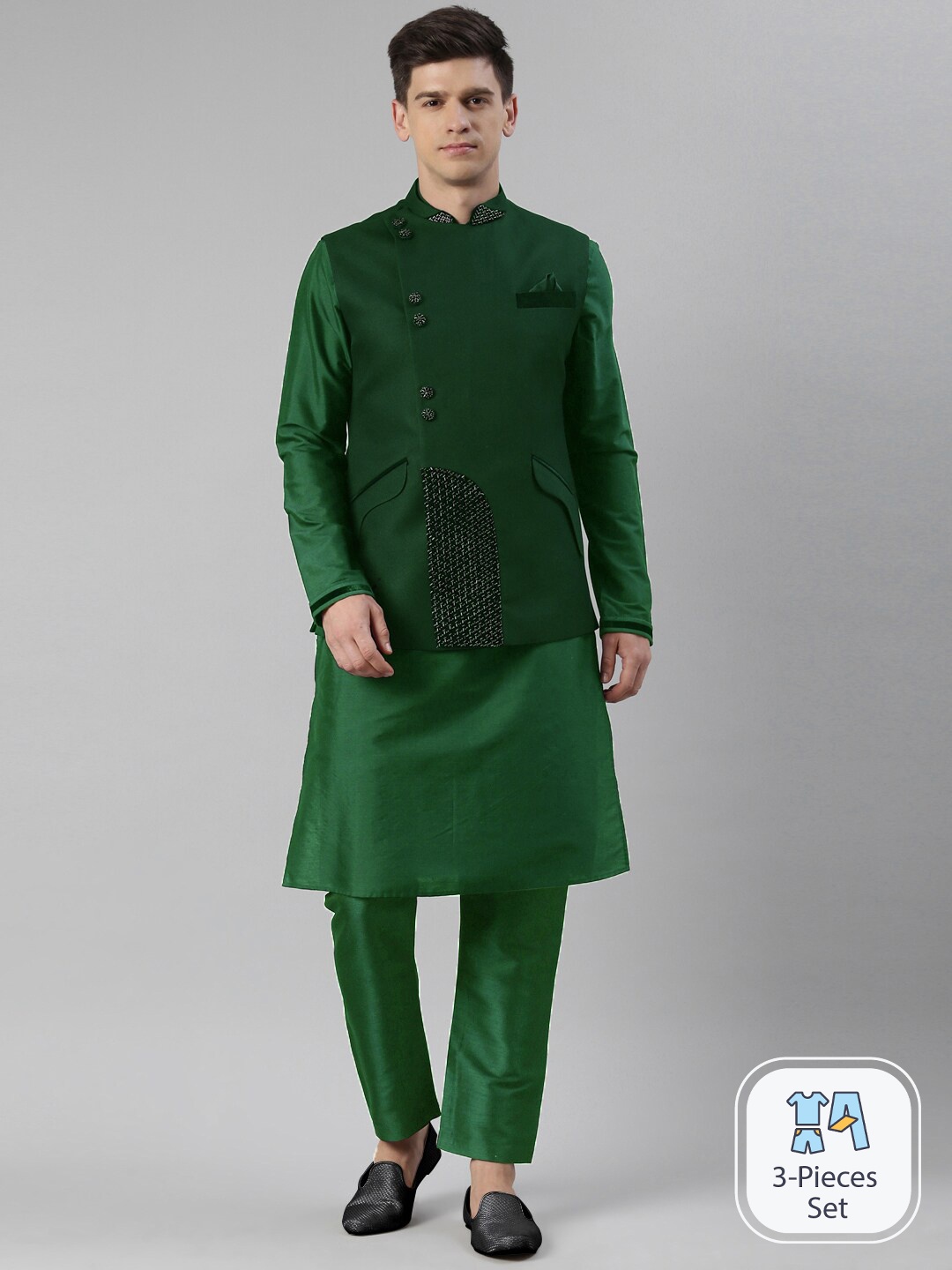 

TheEthnic.Co Long Sleeves Kurta & Pyjamas With Nehru jacket, Green