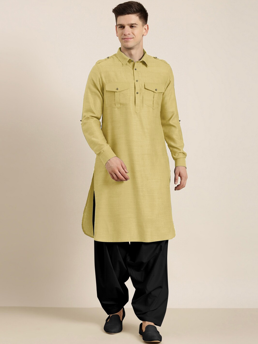

TheEthnic.Co Shirt Collar Pure Cotton Pathani Kurta With Patiala, Beige
