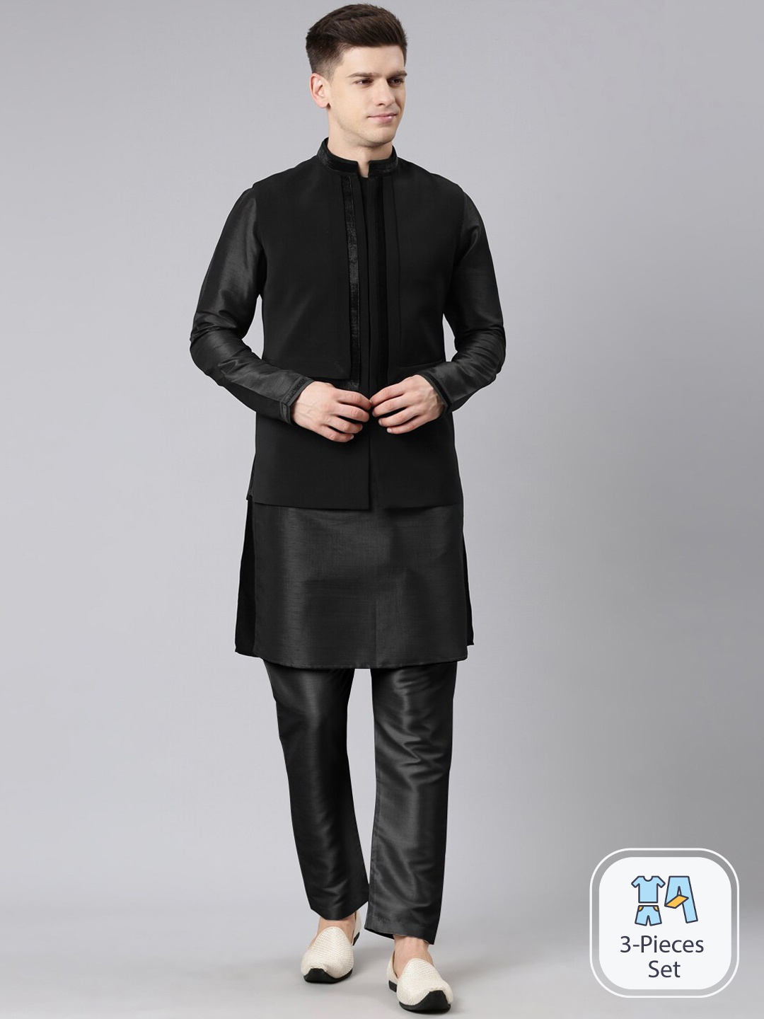 

TheEthnic.Co Straight Kurta With Trousers & Nehru Jacket, Black