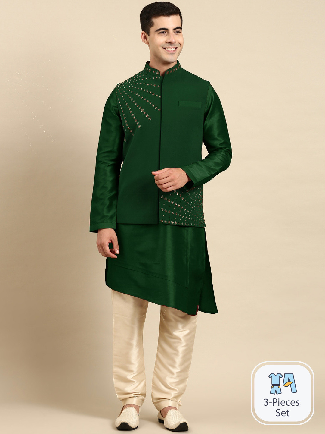 

TheEthnic.Co Sequin Embellished Mandarin Collar Kurta with Churidar With Nehru Jacket, Green