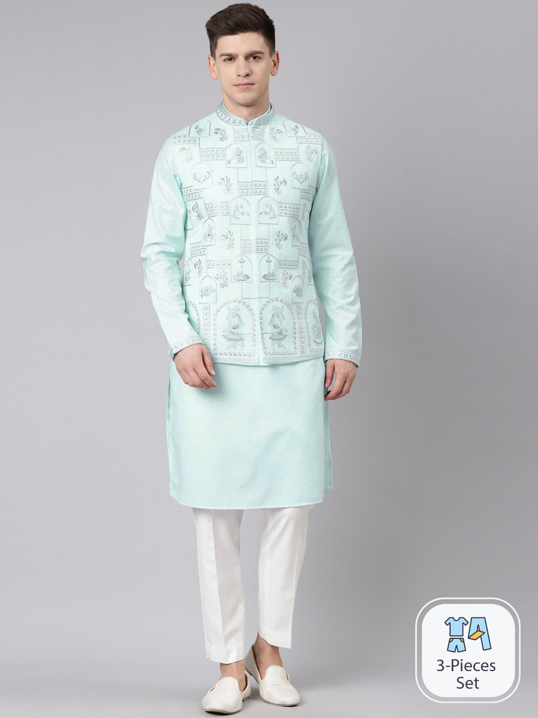 

TheEthnic.Co Mandarin Collar Regular Kurta With Pyjamas & Nehru jacket, Turquoise blue