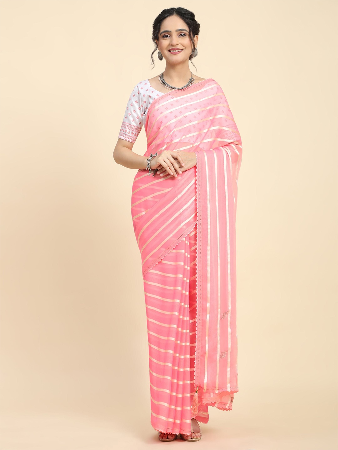 

RACHNA Striped Pure Georgette Saree, Pink