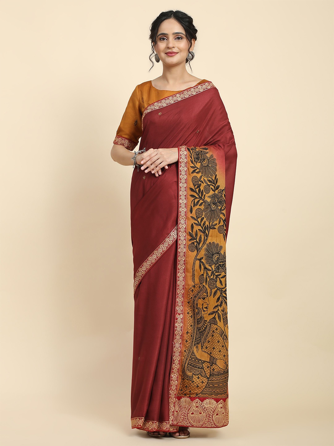 

RACHNA Embroidered Silk Cotton Tussar Saree, Mustard